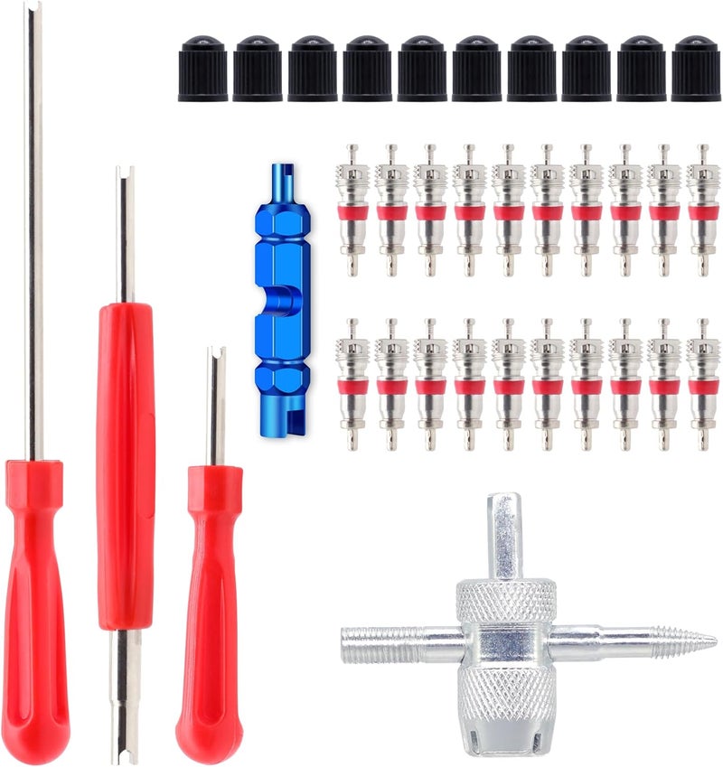 ZHSMS Valve Stem Removal Tool - 20Pcs Valve Cores, 10Pcs Tire Valve Caps, 4-Way Valve Tool, Valve Core Remover Tool - Image 1